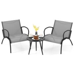 Gymax 3 PCS Metal Patio Chair Set Round Coffee Table & Wide Armchairs Set in Grey