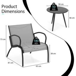 Gymax 3 PCS Metal Patio Chair Set Round Coffee Table & Wide Armchairs Set in Grey - thumbnail 2