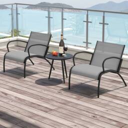 Gymax 3 PCS Metal Patio Chair Set Round Coffee Table & Wide Armchairs Set in Grey - thumbnail 7