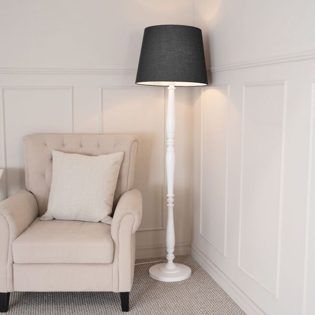 ValueLights Victoria White Wood Traditional Stem Floor Lamp with Fabric Tapered Shade in Black - image 1