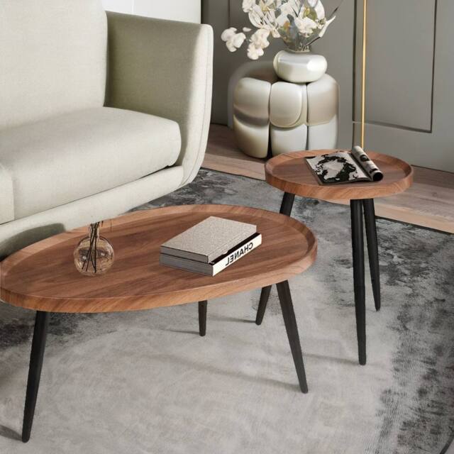 Pirlo Plush 2PC Nesting Tables Industrial Rustic Brown Living Room Furniture in Dark Brown - image 1