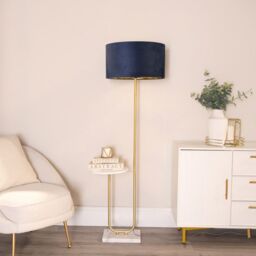 ValueLights Tavel Gold Floor Lamp with Table & Velvet Drum with Gold Inner Lamp Shade in Dark Navy - thumbnail 3