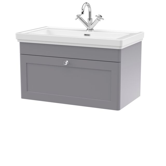 Balterley Bathroom Wall Hung 1-Drawer Vanity Unit & Fireclay Basin, Grey, 800mm in Grey - image 1