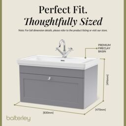 Balterley Bathroom Wall Hung 1-Drawer Vanity Unit & Fireclay Basin, Grey, 800mm in Grey - thumbnail 5