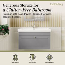 Balterley Bathroom Wall Hung 1-Drawer Vanity Unit & Fireclay Basin, Grey, 800mm in Grey - thumbnail 3
