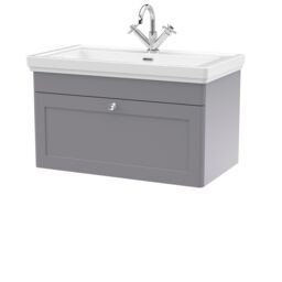 Balterley Bathroom Wall Hung 1-Drawer Vanity Unit & Fireclay Basin, Grey, 800mm in Grey - thumbnail 1