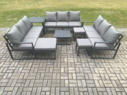Fimous Aluminium Outdoor Garden Furniture Set Patio Lounge Sofa with Square Coffee Table Side Table 3 Footstools Conservatory Set Dark Grey - thumbnail 2