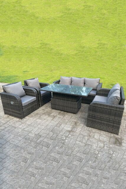 Fimous Rattan Outdoor Lifting Adjustable Dining Coffee Table Sets Love Sofa 3 Seater Sofa Reclining Chairs in Dark Grey - image 1