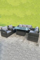 Fimous Rattan Outdoor Lifting Adjustable Dining Coffee Table Sets Love Sofa 3 Seater Sofa Reclining Chairs in Dark Grey - thumbnail 1