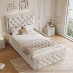 BTM 3ft Single Upholstered Hydraulic Storage Bed Frame Velvet Headboard in Beige - thumbnail 3