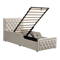 BTM 3ft Single Upholstered Hydraulic Storage Bed Frame Velvet Headboard in Beige - thumbnail 7