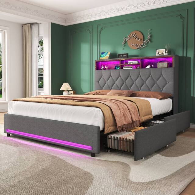 BTM Double Bed with 4 Storage Drawers, RGB LED & Charging Headboard in Grey - image 1