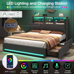 BTM Double Bed with 4 Storage Drawers, RGB LED & Charging Headboard in Grey - thumbnail 6
