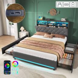 BTM Double Bed with 4 Storage Drawers, RGB LED & Charging Headboard in Grey - thumbnail 8