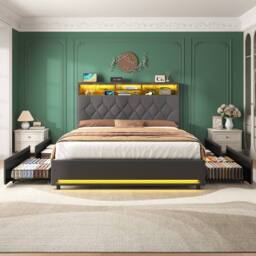 BTM Double Bed with 4 Storage Drawers, RGB LED & Charging Headboard in Grey - thumbnail 3