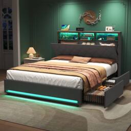 BTM Double Bed with 4 Storage Drawers, RGB LED & Charging Headboard in Grey - thumbnail 4