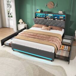 BTM Double Bed with 4 Storage Drawers, RGB LED & Charging Headboard in Grey - thumbnail 2