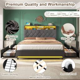 BTM Double Bed with 4 Storage Drawers, RGB LED & Charging Headboard in Grey - thumbnail 7