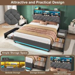 BTM Double Bed with 4 Storage Drawers, RGB LED & Charging Headboard in Grey - thumbnail 5