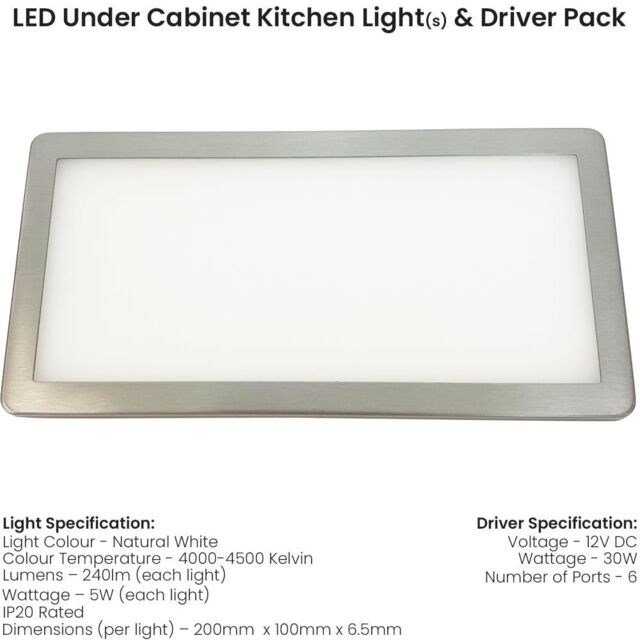 Loops 6x BRUSHED NICKEL Ultra-Slim Rectangle Under Cabinet Kitchen Light & Driver Kit - Natural White Diffused LED in Metallics - image 1