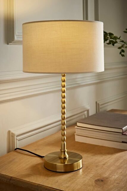 ValueLights Maeve Fabric Drum Lamp Shade Brushed Gold Bobbin Bobble Table Lamp in Natural - image 1