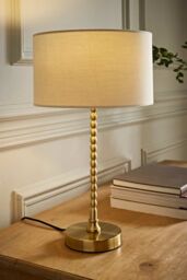 ValueLights Maeve Fabric Drum Lamp Shade Brushed Gold Bobbin Bobble Table Lamp in Natural - thumbnail 1