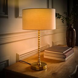 ValueLights Maeve Fabric Drum Lamp Shade Brushed Gold Bobbin Bobble Table Lamp in Natural - thumbnail 3