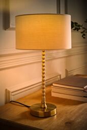 ValueLights Maeve Fabric Drum Lamp Shade Brushed Gold Bobbin Bobble Table Lamp in Natural - thumbnail 2