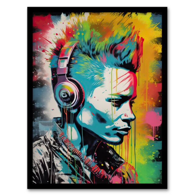 Artery8 Wall Art Print Punk Music Vibrant Artwork Young Man With Headphones Portrait Art Framed - Size: A4 - image 1