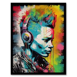 Artery8 Wall Art Print Punk Music Vibrant Artwork Young Man With Headphones Portrait Art Framed - Size: A4 - thumbnail 1