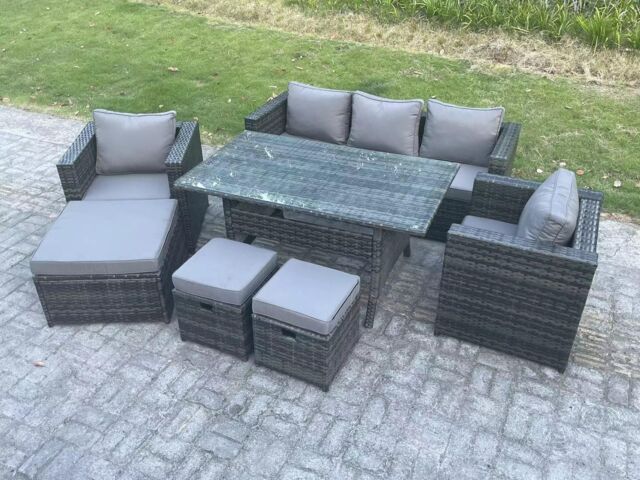 Fimous Garden Furniture Set Patio Rattan Dining Table Lounge Sofa Chair 3 Footstool in Dark Grey - image 1