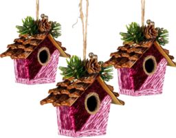 Shatchi Pink Burgundy Birdhouse 10x11cm - Christmas Tree Hanging Decorations Ornaments Fairy Tale Themed - Size: 10x11 cm
