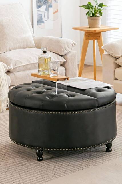 Living and Home Round PU Leather Upholstered Storage Ottoman in Black - image 1