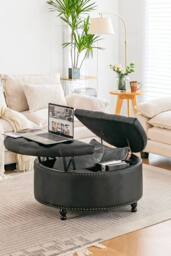 Living and Home Round PU Leather Upholstered Storage Ottoman in Black - thumbnail 2