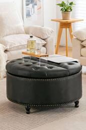 Living and Home Round PU Leather Upholstered Storage Ottoman in Black