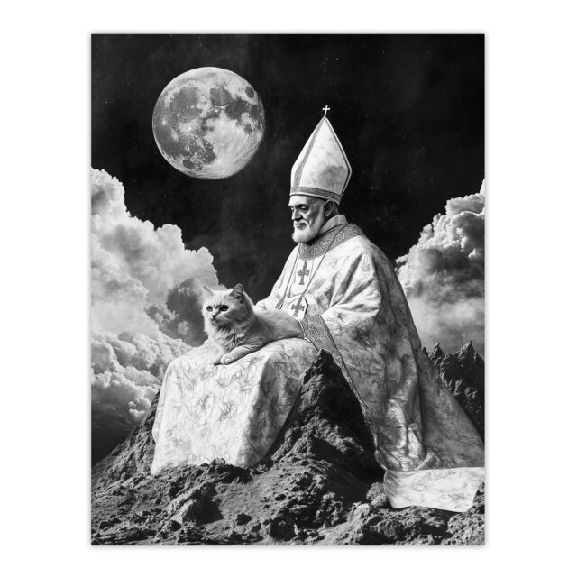 "Artery8 Surreal Cat Lover Pope & Moon Black White Wall Art Print in Grey - Size: W18"" x H24""" - image 1