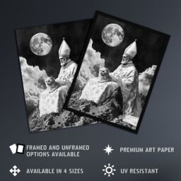 "Artery8 Surreal Cat Lover Pope & Moon Black White Wall Art Print in Grey - Size: W18"" x H24""" - thumbnail 2