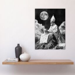 "Artery8 Surreal Cat Lover Pope & Moon Black White Wall Art Print in Grey - Size: W18"" x H24""" - thumbnail 4