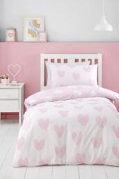 Catherine Lansfield 'Brushed Cotton Hearts' Reversible Duvet Cover Set in Pink - Size: Junior - thumbnail 2