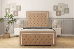 "Sloomy Sofia Chrome Dumfries Bed Frame With 50"" Upholstered Headboard in Light Brown - Size: Double" - thumbnail 1