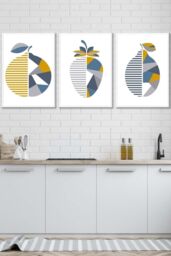 ARTZE Set of 3 White Framed Geometric Fruit Strawberry Blue Yellow Wall Art in Mid Blue - Size: W33 cm x H45 cm x D20mm - thumbnail 1