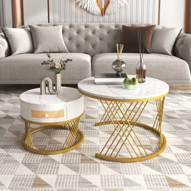 ModernLuxe 2-in-1 round coffee table with marble top & rattan drawers in White - image 1
