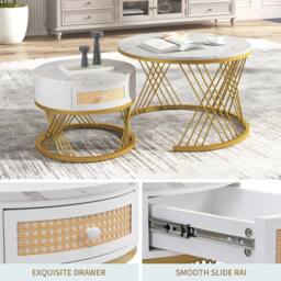 ModernLuxe 2-in-1 round coffee table with marble top & rattan drawers in White - thumbnail 9