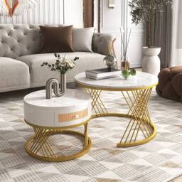ModernLuxe 2-in-1 round coffee table with marble top & rattan drawers in White - thumbnail 2