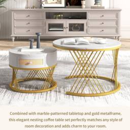 ModernLuxe 2-in-1 round coffee table with marble top & rattan drawers in White - thumbnail 6