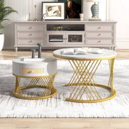 ModernLuxe 2-in-1 round coffee table with marble top & rattan drawers in White - thumbnail 5