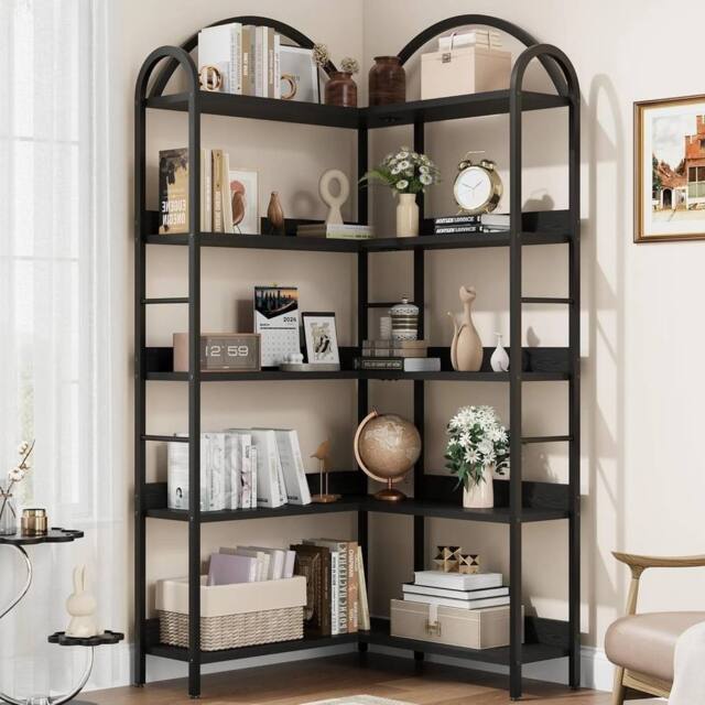 VOGREX Arched Corner Bookshelf Wood & Metal Bookcase for Home in Black - image 1