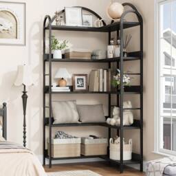 VOGREX Arched Corner Bookshelf Wood & Metal Bookcase for Home in Black - thumbnail 5