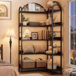 VOGREX Arched Corner Bookshelf Wood & Metal Bookcase for Home in Black - thumbnail 4