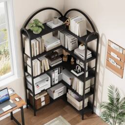 VOGREX Arched Corner Bookshelf Wood & Metal Bookcase for Home in Black - thumbnail 3